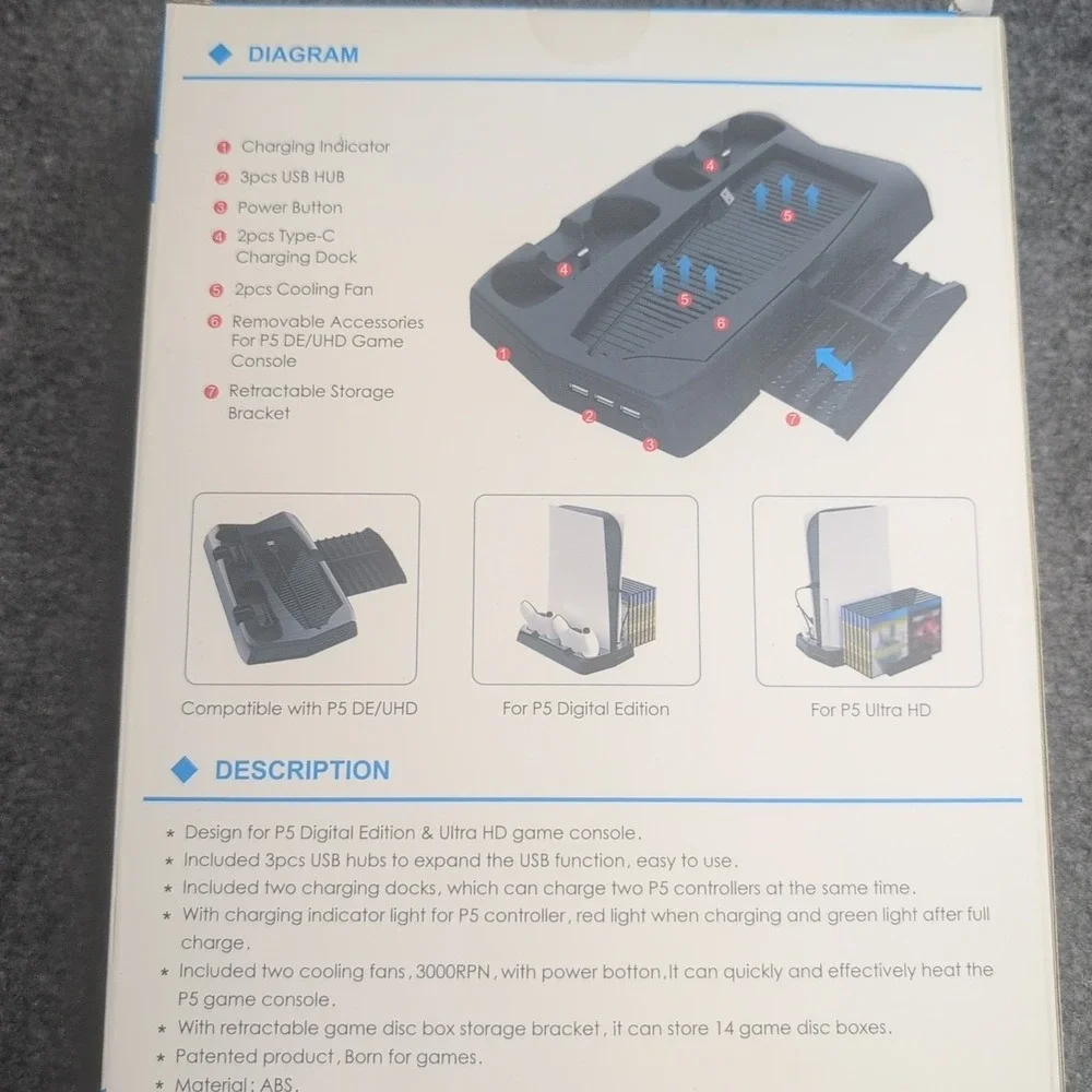 Vertical Stand with Cooling Fan and‎ Dual Controller Charging Station for PS5